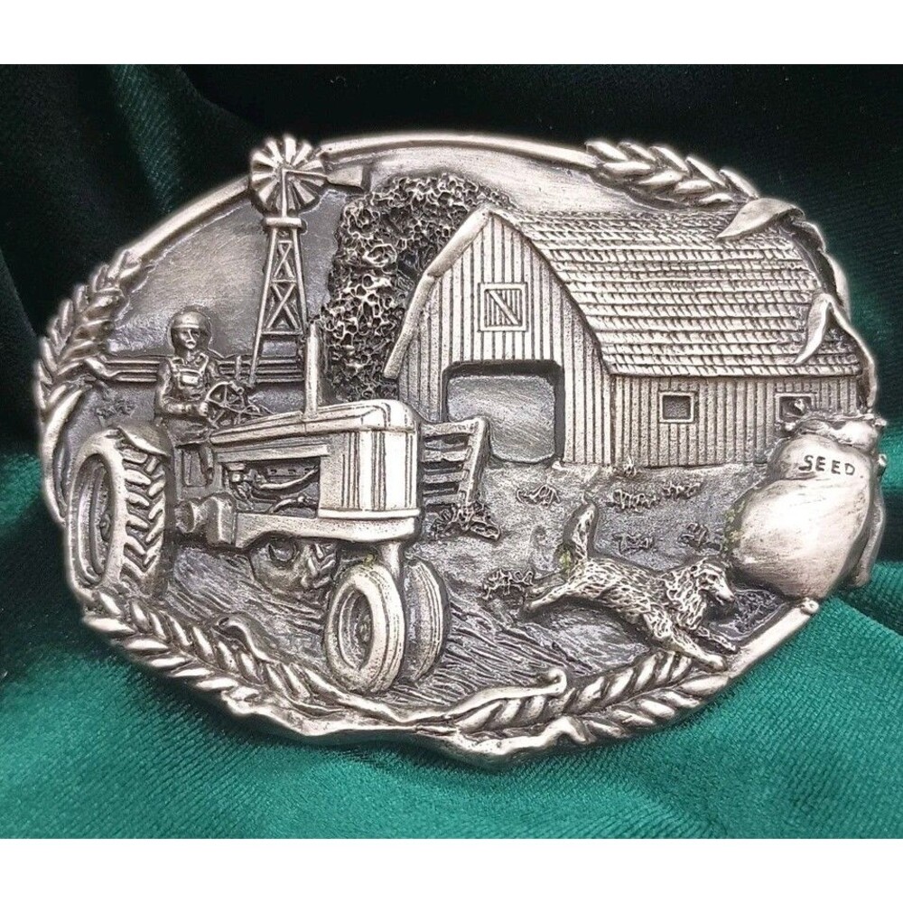 Bergamot Brass Works Belt Buckle Tractor Farm Barn Dog Windmill Wheat Seeds D-49